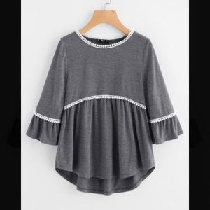 Dot Crochet Trim Curved Dip Hem Top